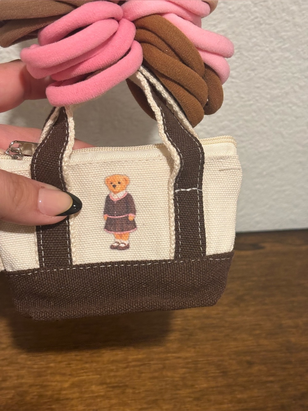 Kids Plush Bear Hair Tie Set with Mini Canvas Tote - Brown, Pink, Tan - Picture 4 of 7